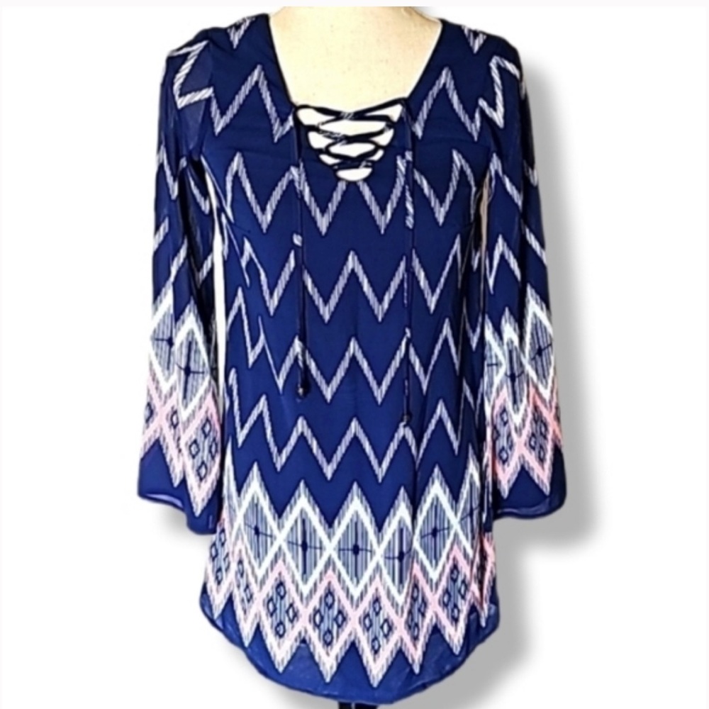 Xhilaration Navy and Pink Zigzag Lace-Up Tunic
